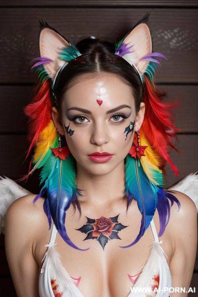 Face, sexy, beautiful, ((face painting)), ((bikini as seashell)), ((tattoo roses)), ((eyes shw)), ((angel wings)), ((rainbow hair)), ((long bu hair)), ((wind)), (( cat face)), (( cat ears)), (((feather - ai-porn.ai on pornintellect.com