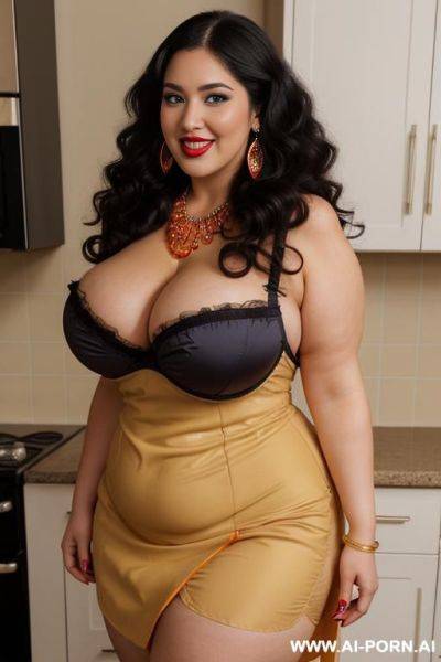 Bimbo, fated up, long ((fluffy curly)) hair, eating snack, wide body, chubbier , sexy woman, big belly, giant boobs, (gigantic massive boobs), thick dark red lips, open mouth ahegao, ((colorful - ai-porn.ai on pornintellect.com
