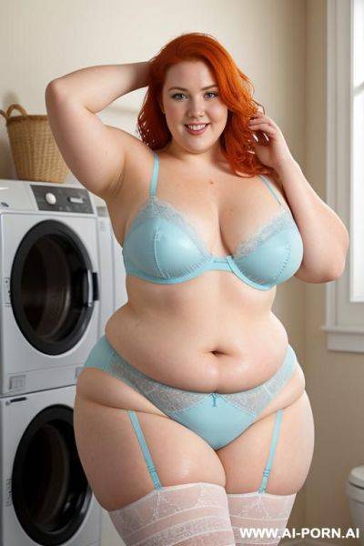 Half-length photo, as a setting in the laundry area, a fat chubby obese fat thick and bbw redhead british, she is washing clothes and is soaked in foamy water. she has lovehandless and a - ai-porn.ai - Britain on pornintellect.com