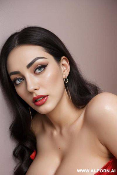Actress wearing a glamourous dress (2 women) (big eyes) (((ahegao))) ((sexy pose)) (photoshoot) ((gorgeous model)) (((full lips))) (hoop earrings) (hair accessory) ((seductive)) (submissive) (((hourglass - ai-porn.ai on pornintellect.com