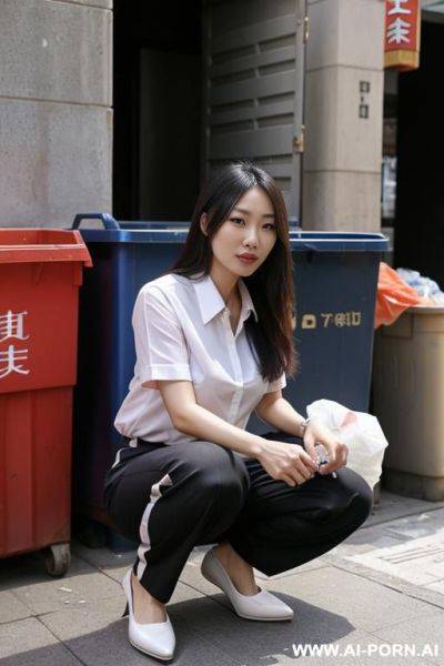 Chinese woman, squatting in trash-corner, shirt, pants, legs apart - ai-porn.ai - China on pornintellect.com