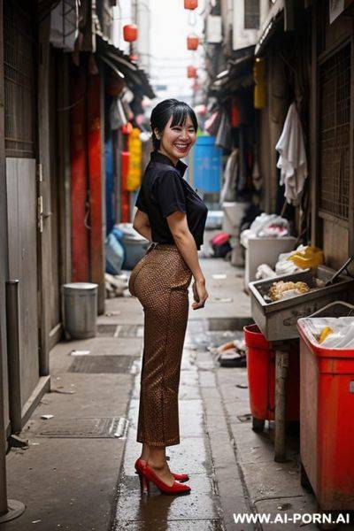 Messy chinese market woman bending down to ground in dump alley corner, legs apart, shirt, pants, side-view - ai-porn.ai - China on pornintellect.com