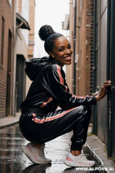 Black woman squatting in messed up alley corner on wet spot, legs apart, jogging-suit, holding tissues, side-view - ai-porn.ai on pornintellect.com