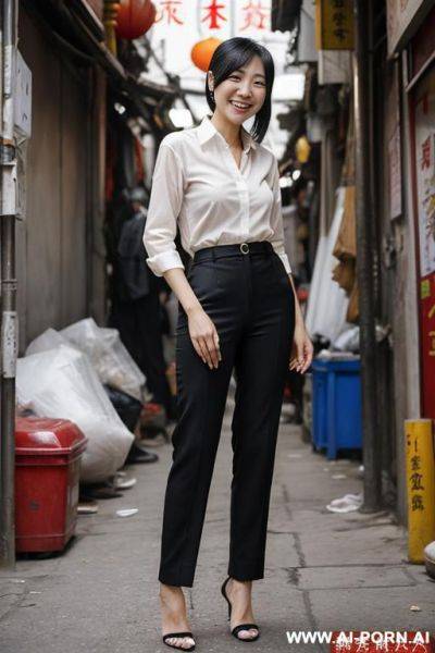 Messy chinese market woman dump alley corner, legs apart, shirt, pants, side-view - ai-porn.ai - China on pornintellect.com