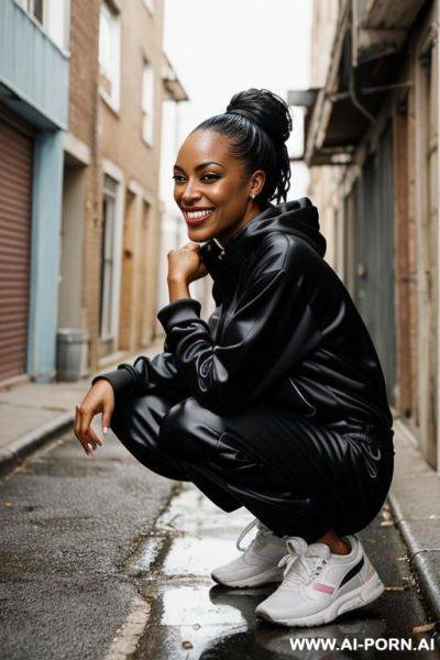 Black woman squatting in messed up alley corner on wet spot, jogging-suit side-view - ai-porn.ai on pornintellect.com