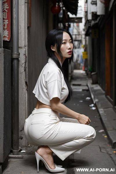 Messy chinese woman squatting in alley corner, top, pants, side-view - ai-porn.ai - China on pornintellect.com