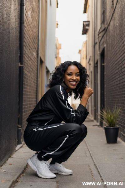 Black woman squatting in tra alley corner, jogging-suit side-view - ai-porn.ai on pornintellect.com