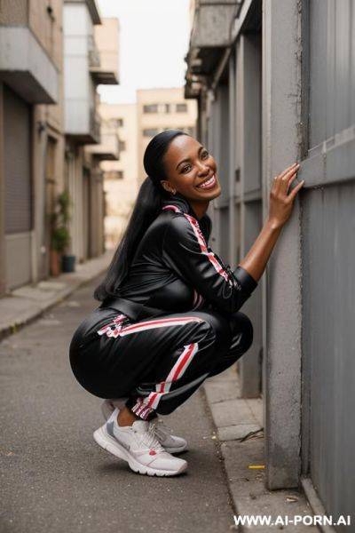 Black woman squatting in messed up alley corner, jogging-suit side-view - ai-porn.ai on pornintellect.com