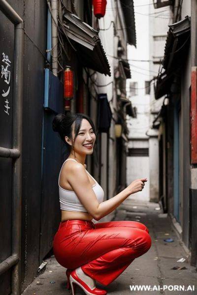 Messy chinese woman squatting in tra alley corner, top, pants, side-view - ai-porn.ai - China on pornintellect.com