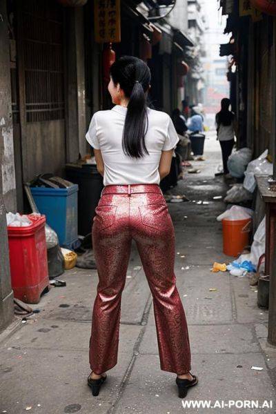 Messy chinese market woman bending down to ground in dump alley corner, shirt, pants, - ai-porn.ai - China on pornintellect.com