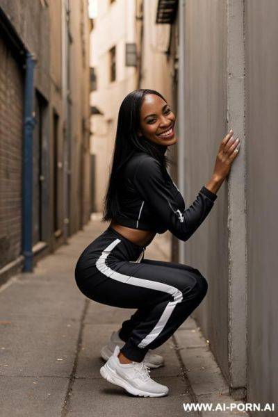 Black woman squatting in trahsy alley corner, jogging-suit side-view - ai-porn.ai on pornintellect.com