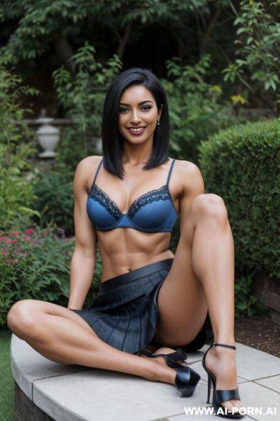Indian, dusky, short hair, fit, abs, arm up, muscular arms, big ass, tall, long legs, navel piercing, blue bra, blue pleat skirt, looking at camera, full body, stiletto, in garden, sitting cross-legged, open mouth, eyes closed - ai-porn.ai - India on pornintellect.com