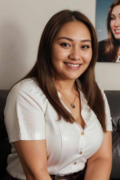 (((face closeup))), (((fat face))), (((extremely long hair))), looking at viewer, front facing, (((headshot))), front view, a chubby shorty filipina milf is modeling in a studio. she has her hands - ai-porn.ai on pornintellect.com