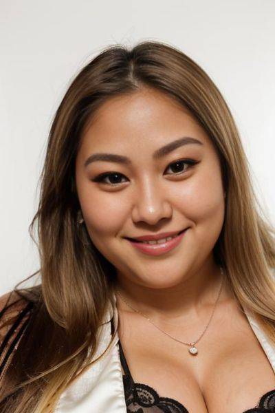 Smiling, (((face closeup))), (((fat face))), (((round face))), (((extremely long hair))), looking at viewer, (((front facing))), (((headshot))), front view, a chubby shorty filipina milf is modeling in a - ai-porn.ai on pornintellect.com
