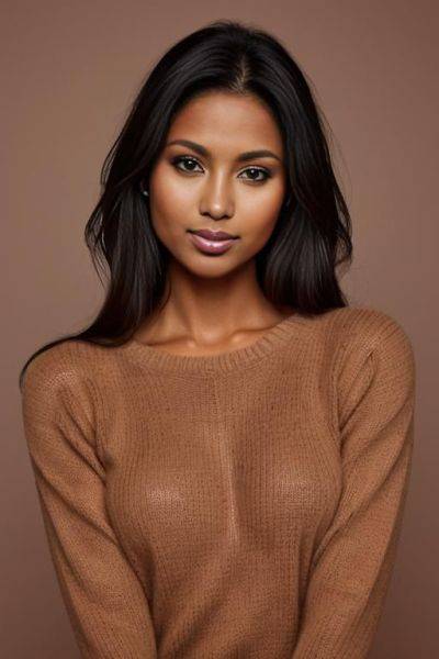 Pretty face, gorgeous perfect body, perfect natural breasts, firm hard large nipples, dark tanned skin, sly smile, extreme closeup, closeup view, head portrait, (((tanned))), professional photo studio - ai-porn.ai on pornintellect.com