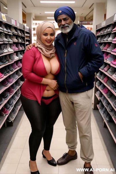Smiling curvy russian thick wife topless wearing hijab hugged from homeless indian man in shoe store - ai-porn.ai - Russia - India on pornintellect.com