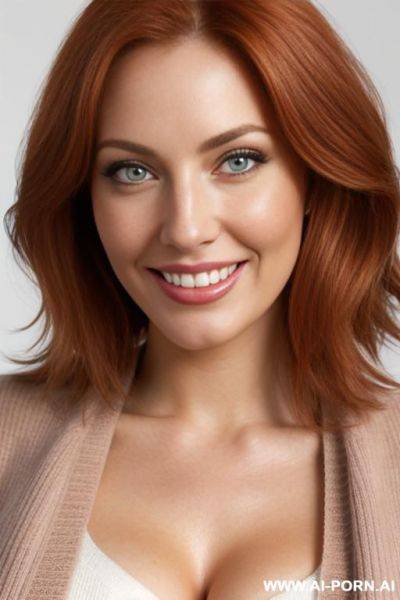 One sexy curvy auburn-haired woman, green eyes, nude, closeup, headshot photo, extreme closeup, professional head shot, fully clothed, pink sweater, feathered medium hair, hair flowing over eyes, shoulder-length hair over face - ai-porn.ai on pornintellect.com
