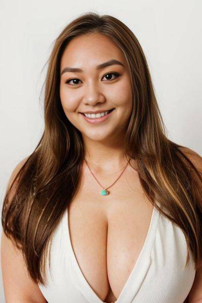 Cleavage, (((face closeup))), (((fat face))), (((round face))), (((extremely long hair))), looking at viewer, (((front facing))), (((headshot))), front view, a chubby shorty filipina milf is modeling in - ai-porn.ai on pornintellect.com