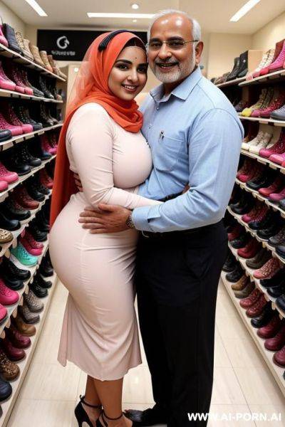 Smiling curvy saudi thick wife topless wearing hijab hugged from indian man in shoe store - ai-porn.ai - India - Saudi Arabia on pornintellect.com