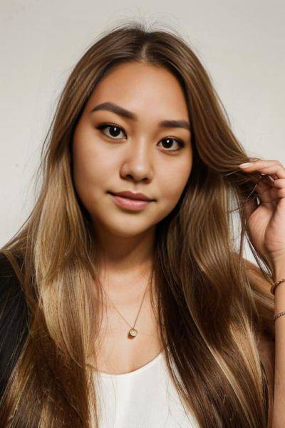 (((adjusting hair))), (((face closeup))), (((fat face))), (((round face))), (((extremely long hair))), looking at viewer, (((front facing))), (((headshot))), a chubby shorty filipina milf is modeling in a - ai-porn.ai on pornintellect.com