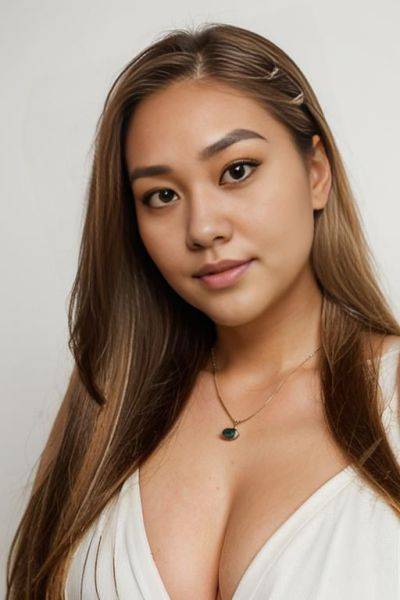 (((adjusting hair))), (((face closeup))), cleavage, (((extremely long hair))), looking at viewer, (((front facing))), (((headshot))), a chubby shorty filipina milf is modeling in a studio. she has her - ai-porn.ai on pornintellect.com
