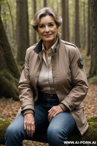 French female ranger in nature outdoorjacket, standing confident, vagina nude - ai-porn.ai - France on pornintellect.com