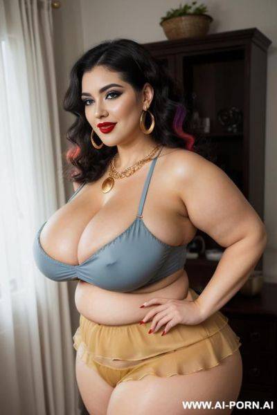 Bimbo, long ((fluffy curly)) hair, sexy woman, giant boobs, (gigantic massive boobs), thick dark red lips, open mouth ahegao, ((colorful eye makeup)), hoop earrings, very waist, golden necklaces, bracelets, eating snacks - ai-porn.ai on pornintellect.com