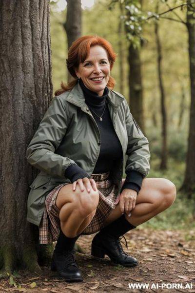French female ranger squatting next to tree, in nature outdoorjacket, skirt, hairy pussy - ai-porn.ai - France on pornintellect.com