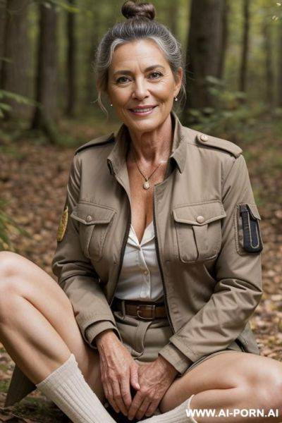 French female ranger in nature outdoorjacket, nude, stockings, hairy pussy, spread legs - ai-porn.ai - France on pornintellect.com