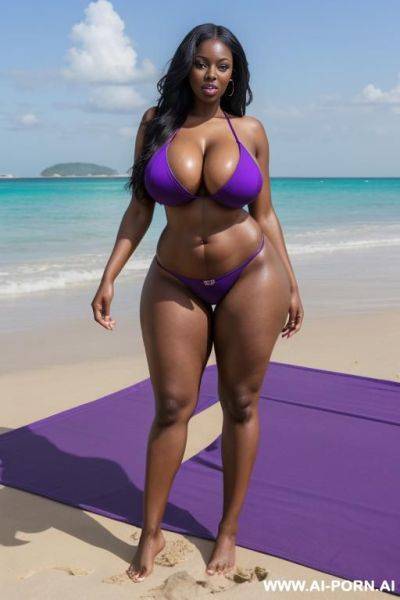 Tall busty african hotwife, gorgeous face, thick lips, long slick black hair, black eyes, massive boobs, waist, abs, huge ass, wide hips, thick legs, seductive, beach, standing up, full body picture, purple micro bikini, barefoot, - ai-porn.ai on pornintellect.com