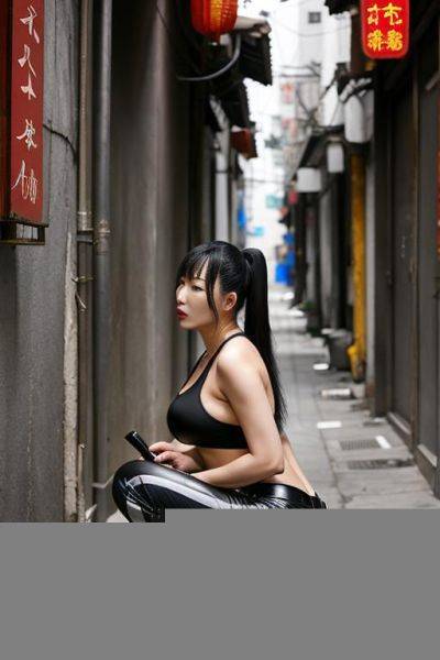 Messy chinese woman squatting in alley corner, top, pants, side-view - ai-porn.ai - China on pornintellect.com
