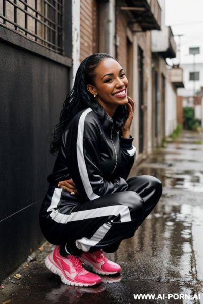 Black woman squatting in messed up alley corner on wet spot, jogging-suit side-view - ai-porn.ai on pornintellect.com