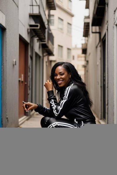 Black woman squatting in messed up alley corner, jogging-suit side-view - ai-porn.ai on pornintellect.com