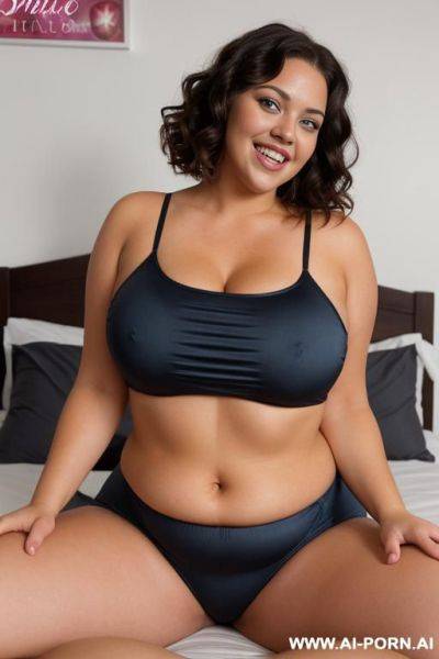 Bbw, pear-shaped, latin, tanned, short thick wavy hair, blue eyes, black eye-shw, smiling mouth open wide, tongue out, naked, sitting on bed, laying on tummy, view from behind - ai-porn.ai on pornintellect.com