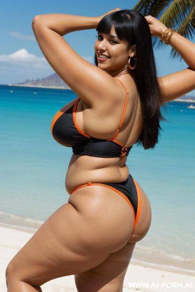 Egyptian queen wearing orange and black colored swimsuit, (long hair with bangs), (((massive huge breasts))), full body view, photorealistic, ((chubby woman)), ((wide hips)), ((huge butt)), beach, smiling, ((showing armpit)) - ai-porn.ai - Egypt on pornintellect.com