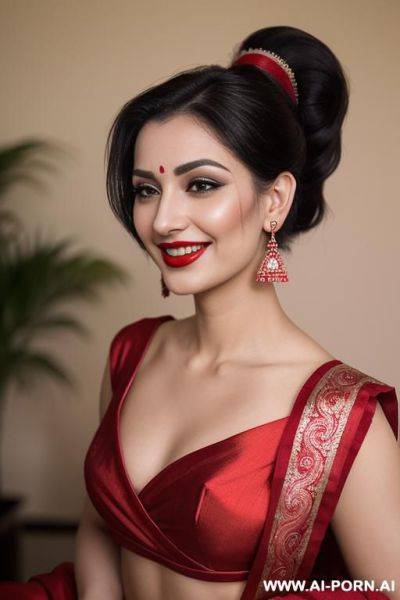In red saree and beautiful makeup with red lipstick - ai-porn.ai on pornintellect.com
