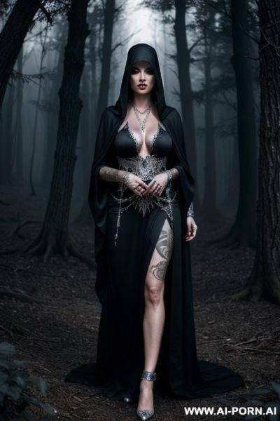 Sorceress, skin, teardrop boobs, tattoos, silver rings, silver necklace, silver bracelets, dark robe, dark dress, black crown, magic power, witchcraft, dark forest background - ai-porn.ai on pornintellect.com
