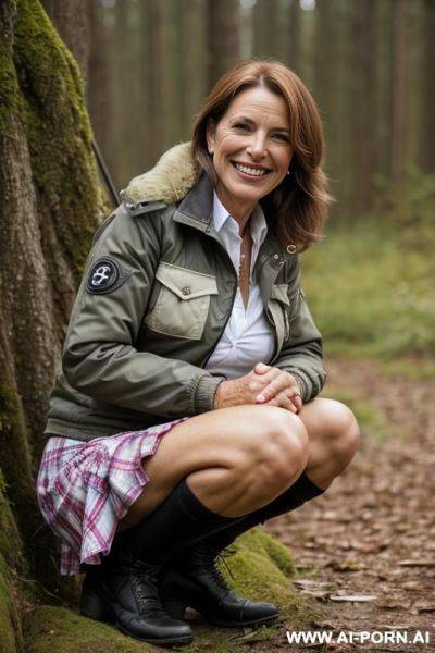 French female ranger squatting in nature outdoorjacket, skirt, hairy pussy - ai-porn.ai - France on pornintellect.com