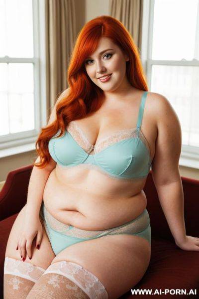 Half-length photo, in the study area, a fat chubby obese fat thick and bbw redhead british, she is reading a book. she has lovehandless and a soft medium tummy. she is wearing a skybluel lace stocking lingeries. she has the most body mom - ai-porn.ai - Britain on pornintellect.com