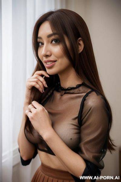 A 4 mexican milf, with medium brown long and thick hair with light brown highlights, brown skin, big natural breast, big strong butt, and wide hips, and a soft body. - ai-porn.ai - Mexico on pornintellect.com