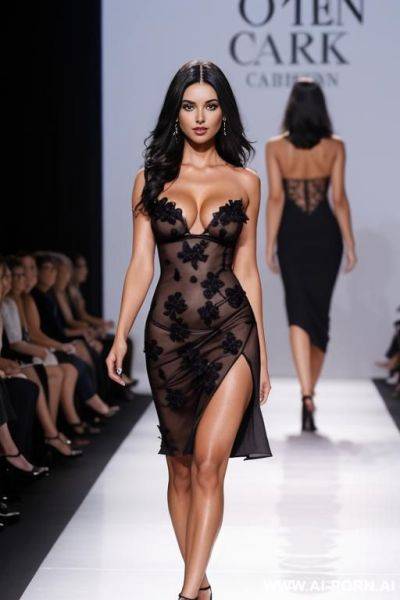 Gorgeous dark haired woman in a runway show catwalking with a skimpy cleavage flowered dress - ai-porn.ai on pornintellect.com