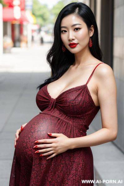 Asian woman, ((detailed face)), black hair, red lips, wearing a sundress, pregnant. - ai-porn.ai on pornintellect.com