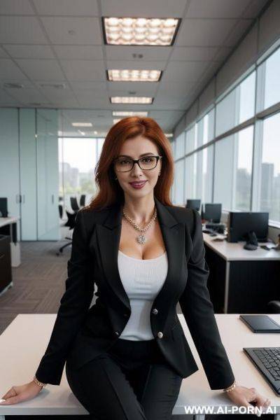 Pregnant redhead woman, green eyes and glasses in office, standing near secretary desk, in white blouse, pencil skirt, high heels and black nylon stockings - ai-porn.ai on pornintellect.com