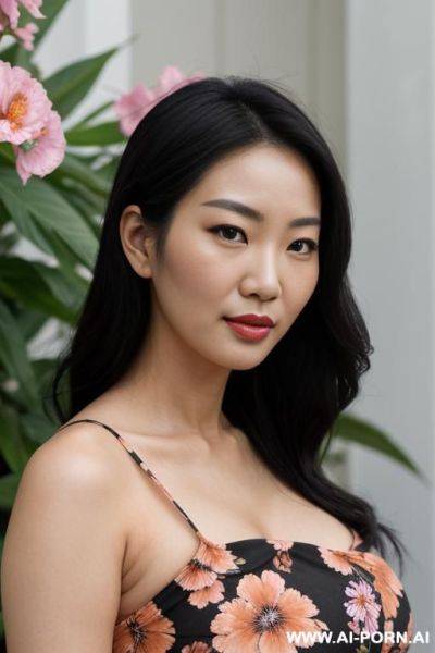 Asian woman, ((detailed face)), black hair, wearing a floral sundress, pregnant. - ai-porn.ai on pornintellect.com