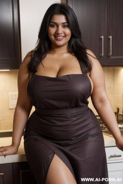 (pear shaped) (smiling dark skin pakistani woman) (super plump) (300 pounds) (fat woman) (simple red apron dress) (accidental nip slip) (showing breasts) (exposed breasts)) (topless) (wearing apron) - ai-porn.ai - Pakistan on pornintellect.com
