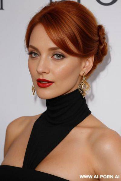 Hartung, earrings. perfect detailed symmetrical beautiful eyes., show her perfect horny realistisch round boobs too, golden earrings and necklace on, red lipstick - ai-porn.ai on pornintellect.com