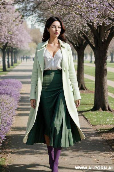 A womanin a long faded violet skirt, a white blouse with a low neckline, a long faded green coat open, in a park, in an impressionist styl, - ai-porn.ai on pornintellect.com