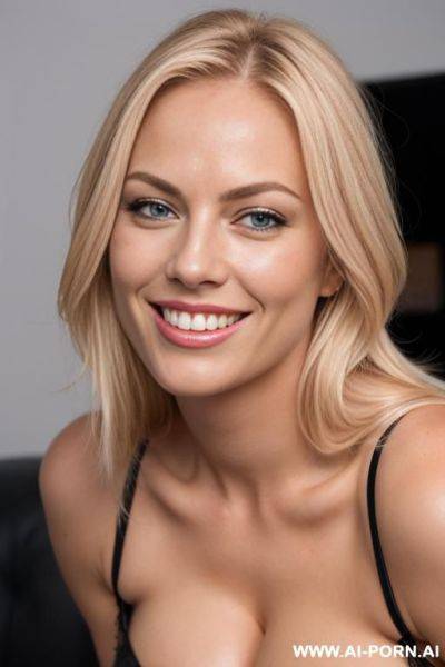 Scandinavian blond sexy busty smiling playmate ((camera at the pussy level,)) camera very close to hairy pussy, close up view, view to pussy, (((side view))) - ai-porn.ai on pornintellect.com