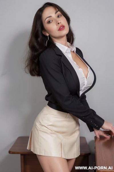 Dark red lipstick, blue eyes, (((gigantic boobs))), sexy blazer, skirt, (((extreme long strong voluminous hair))), (((ultra realistic))). (hoop earrings) hooker, (((looking at viewer))). - ai-porn.ai on pornintellect.com