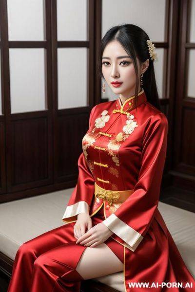 Very white skin, 矮, 没有皱纹, 发簪, 中国传统服饰, 颧骨不突出, 红唇, 丰满, 圆脸, 端庄, 高鼻梁, very big eyes, 低颧骨, low eyes, chinese traditional red clothes, showing boobs - ai-porn.ai - China on pornintellect.com
